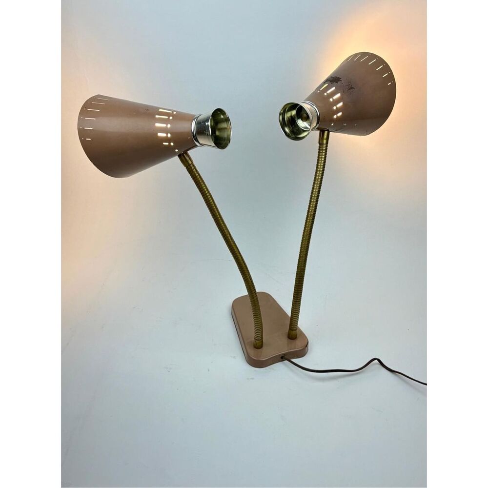 Mid Century Double Gooseneck Table Lamp Tan & Silver Atomic 3 Light Setting